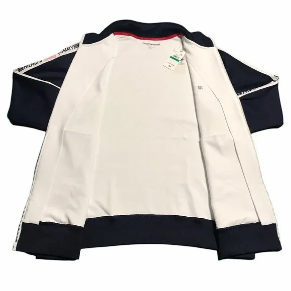 Tommy Hilfiger Mens Full Zip Mock Neck Sweater Size L Tall White Navy Stretch Zip Up